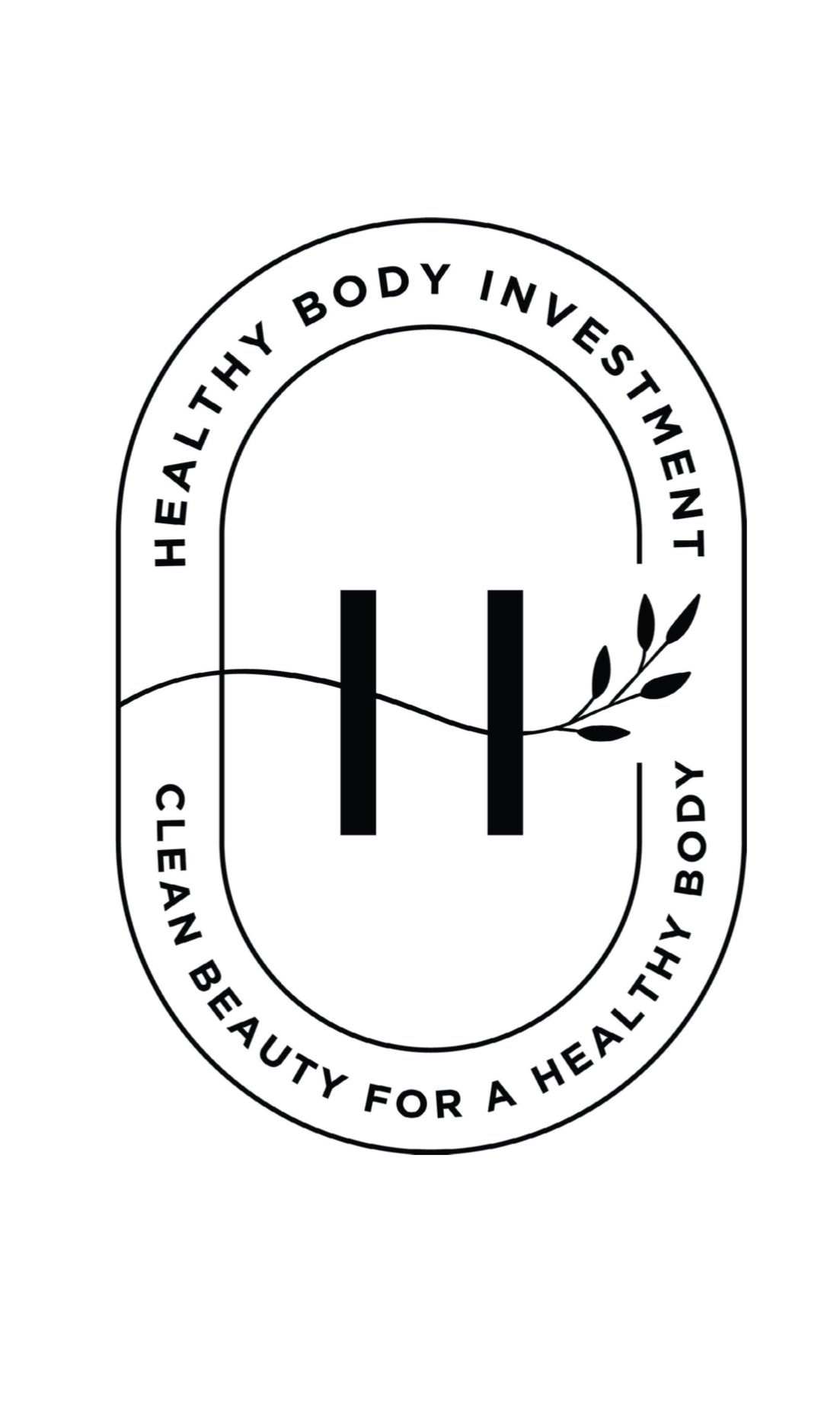A black and white logo of Healthy Body Investment, featuring a stylized 'H' symbol with a laurel wreath and the text 'CLEAN BEAUTY FOR A HEALTHY YOU'.