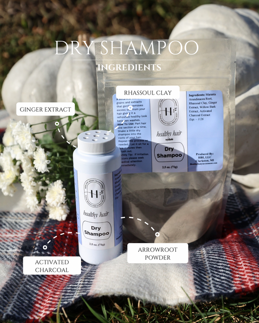 The image shows a dry shampoo product with its ingredients labeled, including a bottle of dry shampoo, a packet of arrowroot powder, and other natural elements like rhassoul clay and activated charcoal.