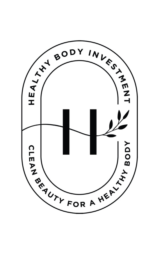 A black and white logo of Healthy Body Investment, featuring a stylized 'H' symbol with a laurel wreath and the text 'CLEAN BEAUTY FOR A HEALTHY YOU'.